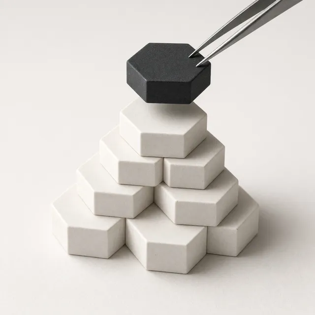 AI-made image: tweezers lowering a near-black hexagonal part onto a half-built stack of off-white parts