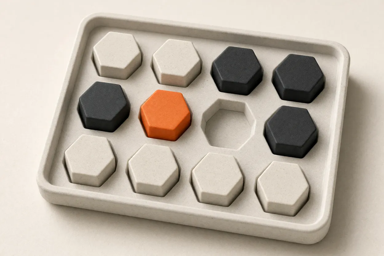 AI-made image: a kit tray of hexagonal parts in rows, one of them orange, with one slot left empty